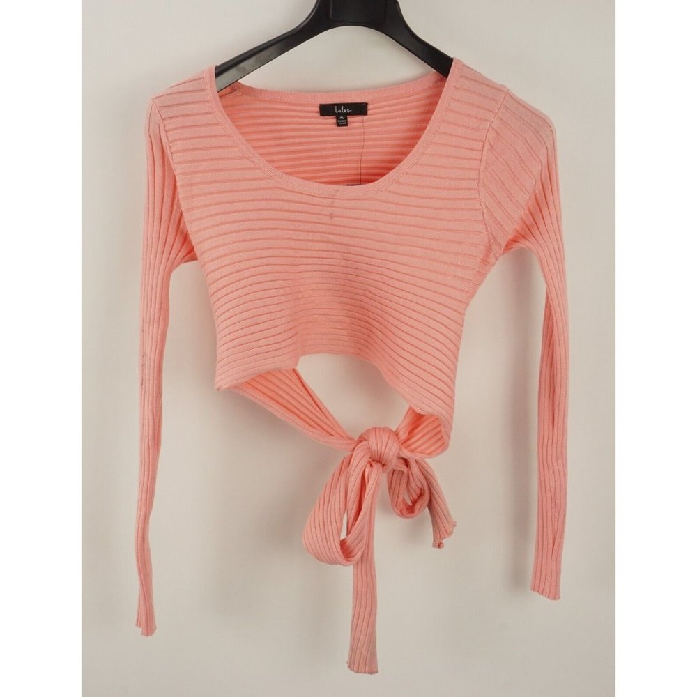New Lulus Wrap You Up Light Ribbed Sweater Top Women's XL Pink Tie Waist Crop